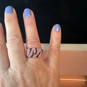 .925 Sterling Silver Swarovski Crystal Animal Pattern Pink and Black Ring Size 8